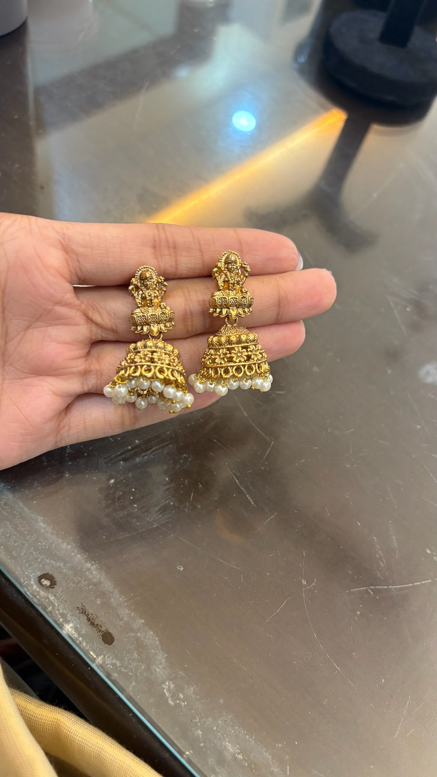 Budget friendly Lakshmi jhumkas with pearl hanging