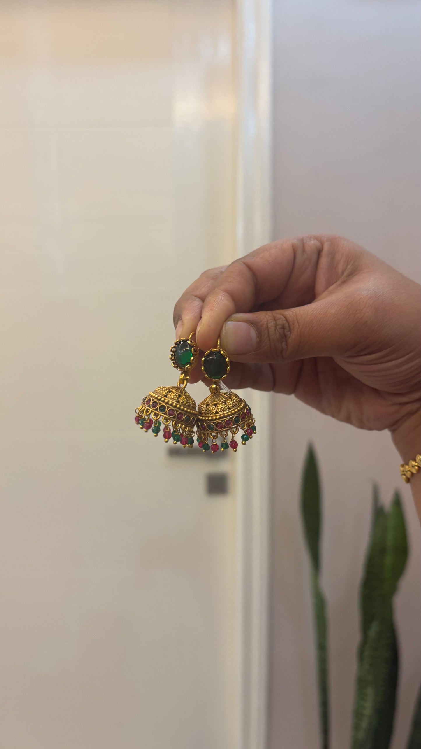 Emerald Green stone jhumka