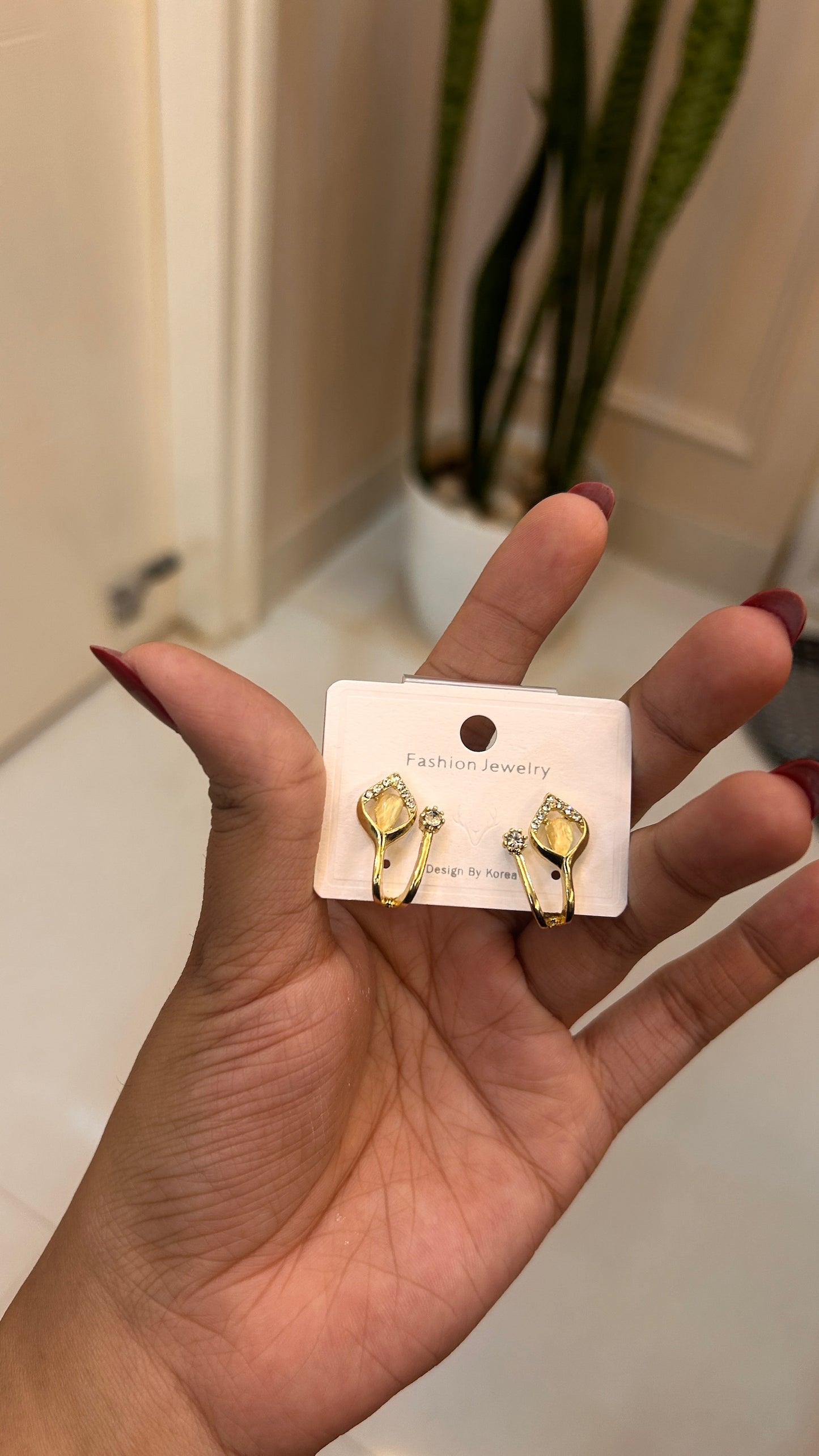 Korean Gold Leaf Crystal Hoop Earrings