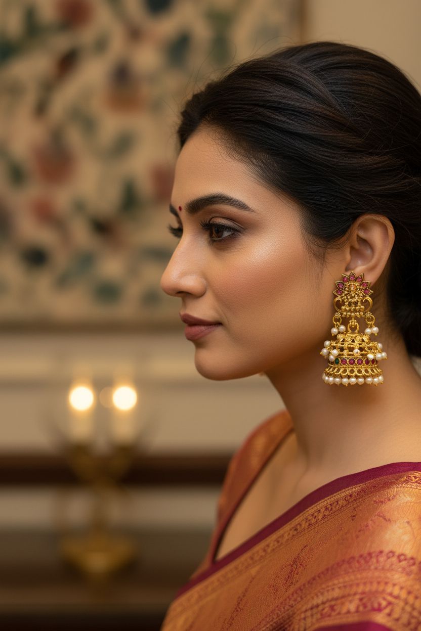 Designer Lakshmi Jhumka with Pearl Hangings