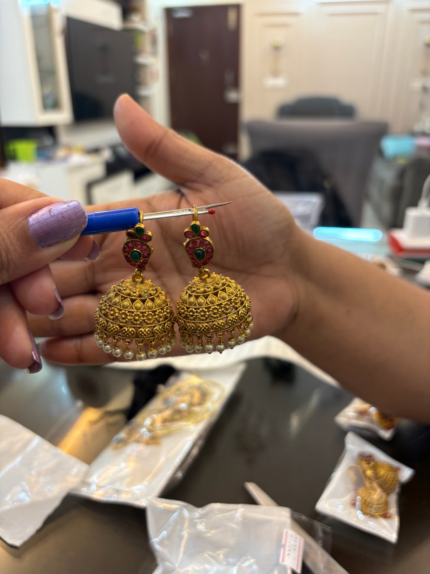 Mango jhumka with emerald and ruby stones