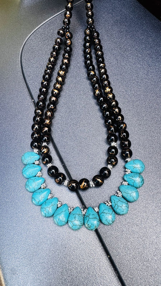 Turquoise and Onyx Drop Handmade Necklace